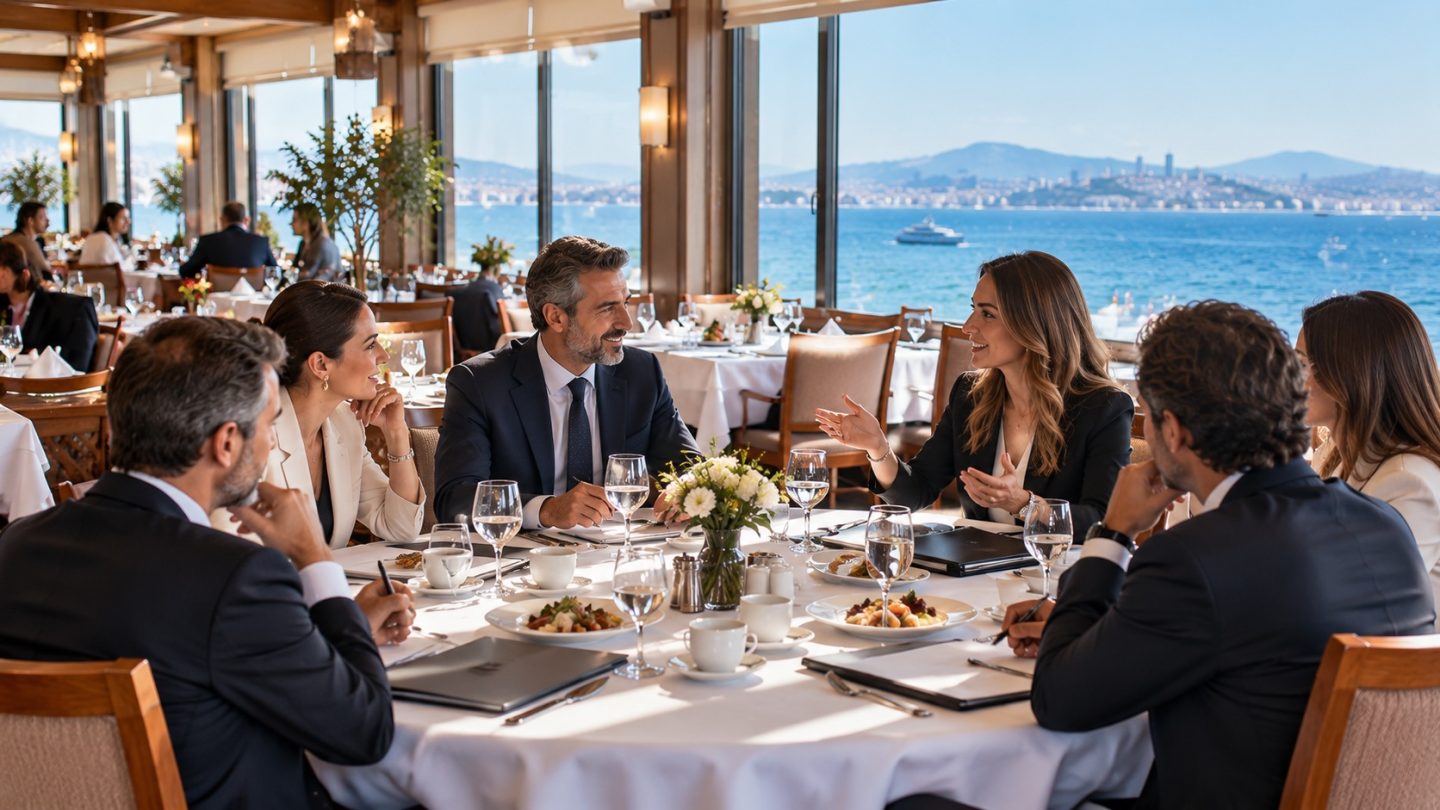 Deniz manzaralı salonda iş yemeği