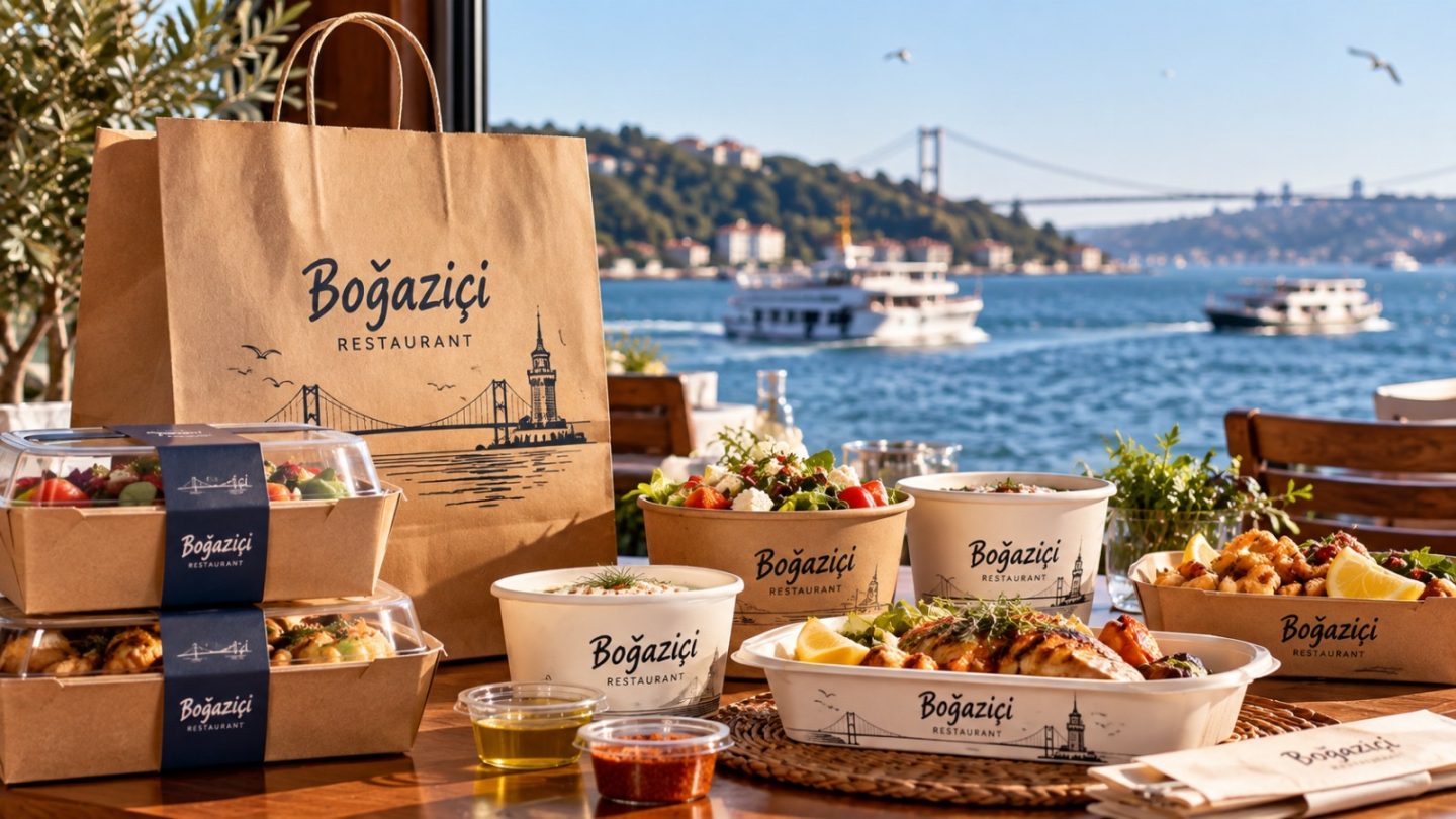 Boğaziçi logolu paket servis çantası ve yemek kapları