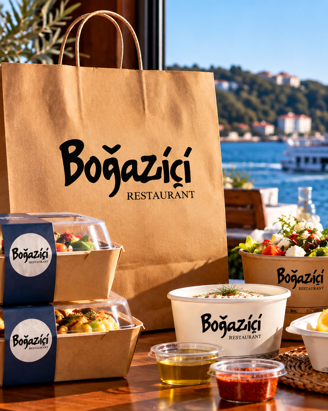 Boğaziçi logolu paket servis çantası ve yemek kapları